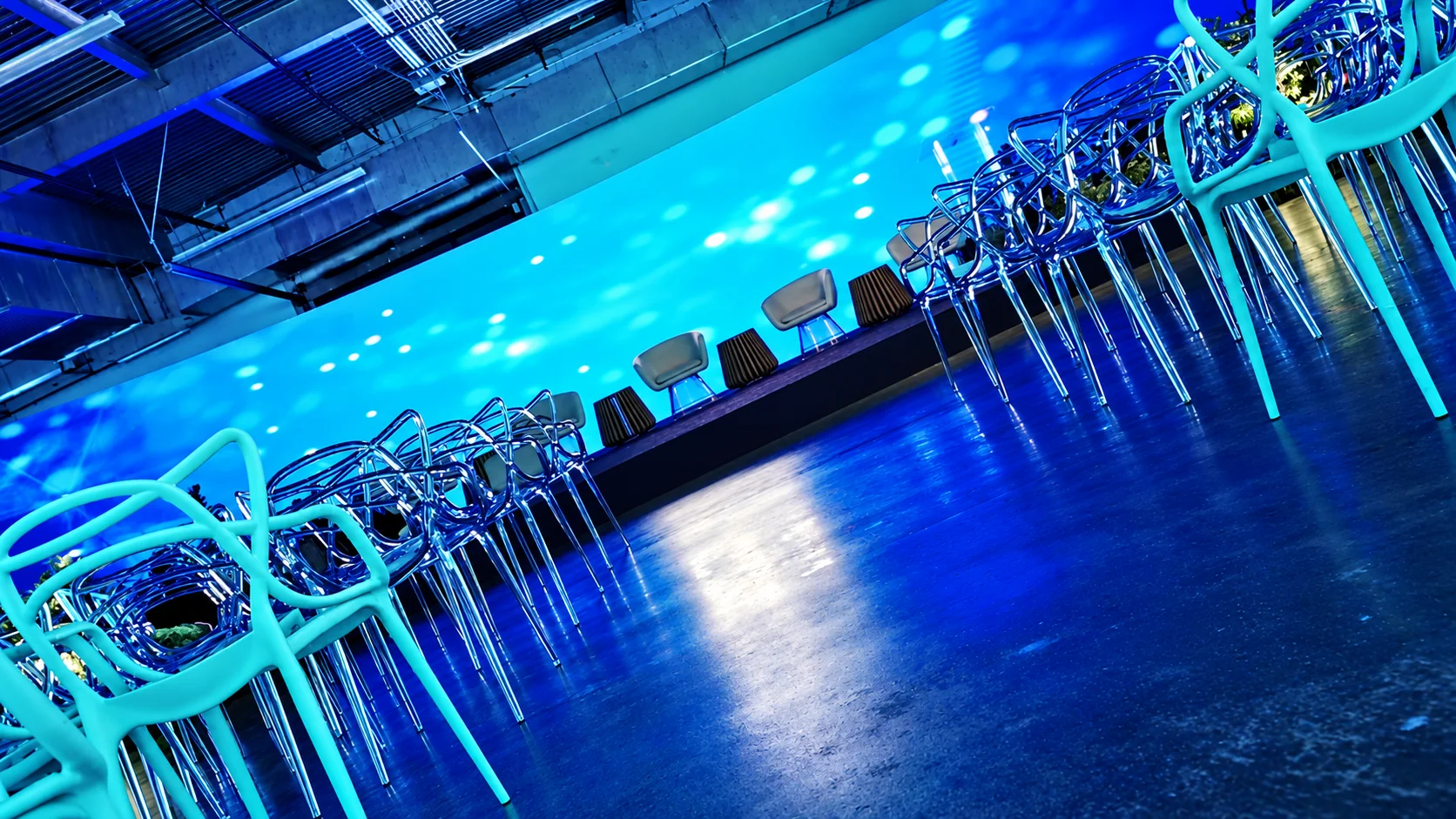 Event lounge with a panoramic blue LED backdrop
